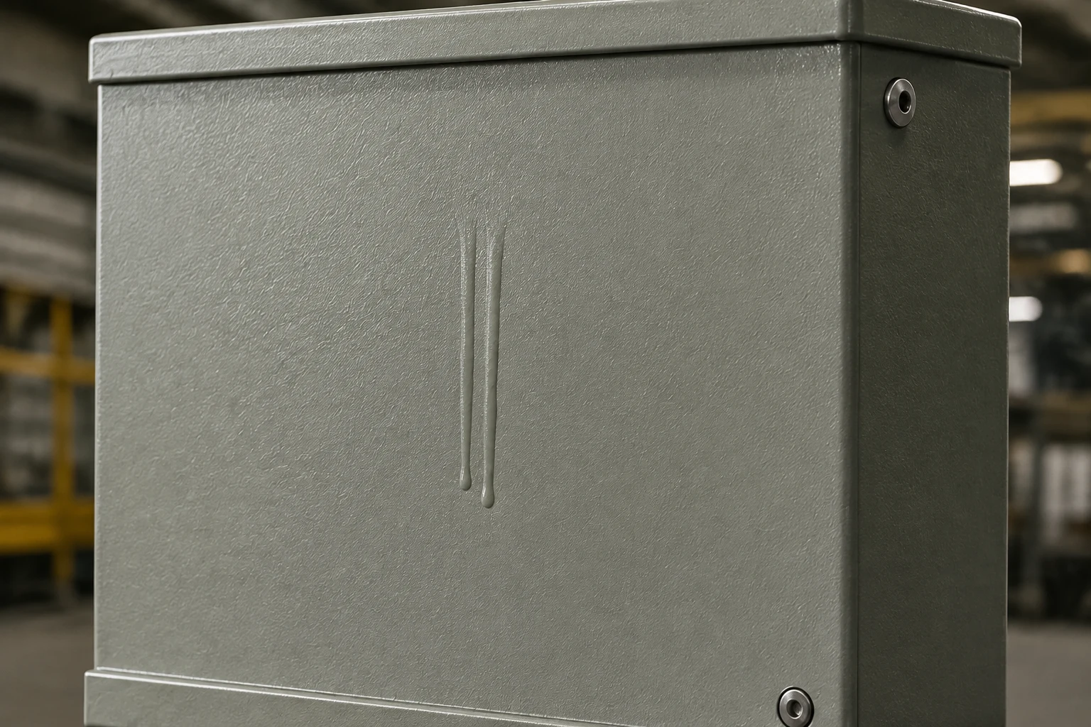 Imagem gerada de um painel metálico pintado, com dois escorrimentos de tinta na região central.
