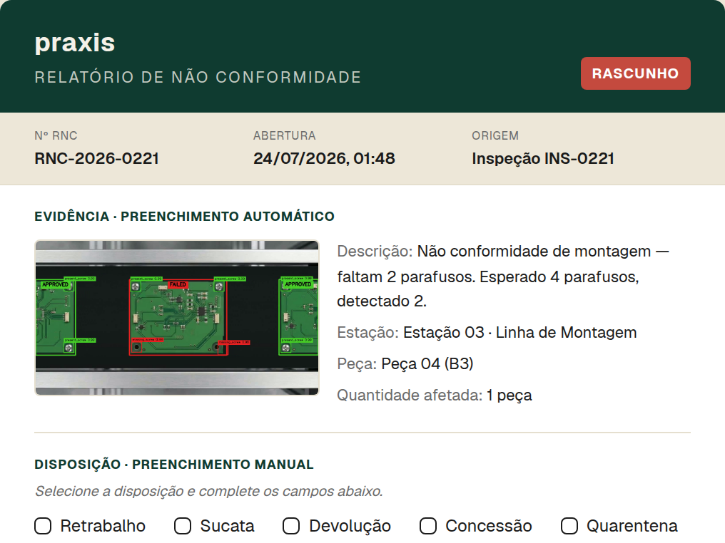 Registro de não conformidade gerado a partir de uma inspeção reprovada